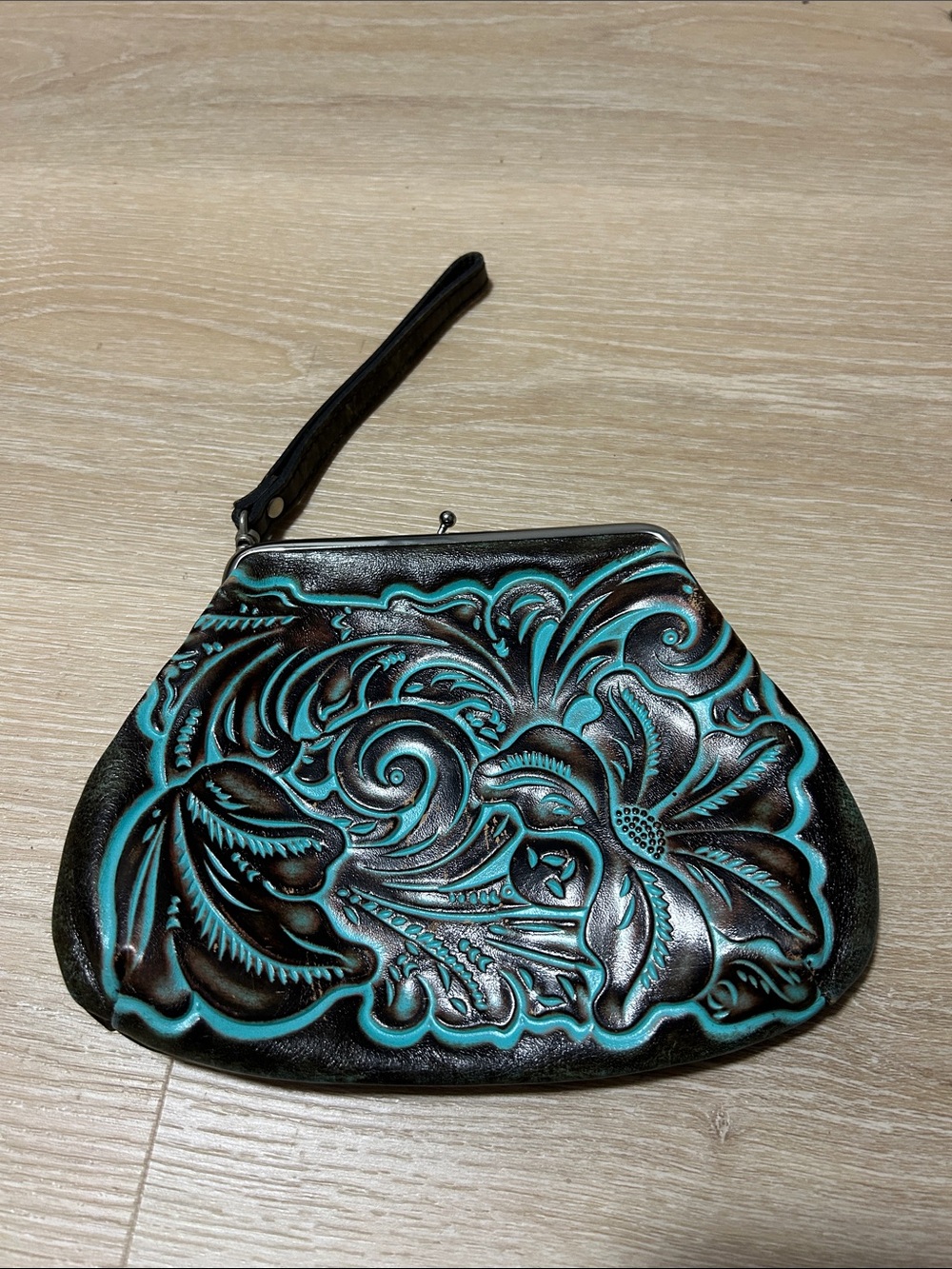 Patricia Nash Black and Turquoise Hand-Tooled Floral Wristlet